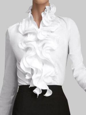 Women Ruffles Collar Solid Color Long Sleeve Wild Blouse