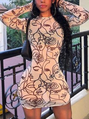 Stick Figure Portrait Print Perspective Bodycon Dress