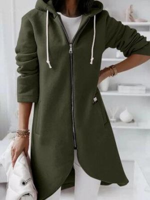 Women Solid Color Side Pocket Asymmertrical Hem Hoodie With Front Zipper