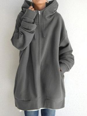 Women Hooded Fleece Long Loose Cap Rope Casual Sweatshirt with Side Pockets