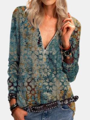 Women Vintage Print V-Neck Zipper Front Daily Long Sleeve Blouse