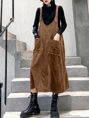 Women Corduroy Solid Color Sleeveless Vintage Dresses With Pocket