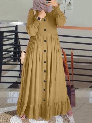 Women Solid Color Ruffles Hem Pleats Puff Sleeve Maxi Dress