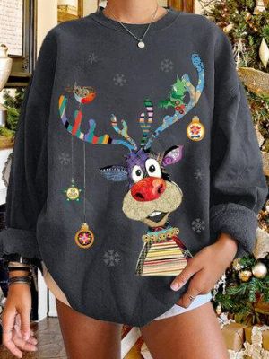 Women Christmas Elk Cute Cartoon Round Neck Long Sleeve Casual Pullover Sweatshirt