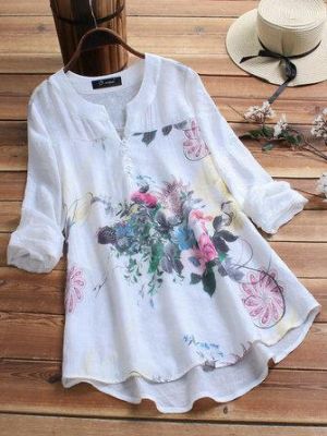 Women Casual Cotton Linen Floral Print Long Sleeve Blouse