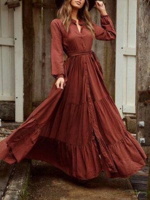 Vintage Puff Sleeve Button Stand Collar Long Sleeve Belted Pleated Maxi Dress For Women