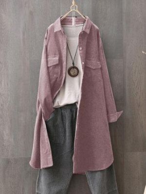 Women Corduroy Outwear Lapel Long Sleeve Front Pockets Simple Coats Blouse