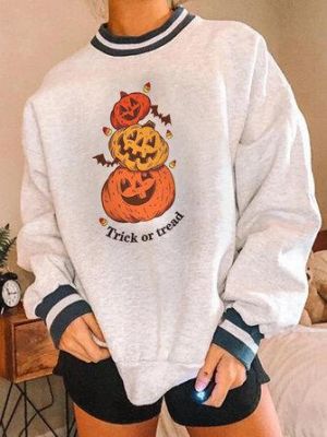 Women Halloween Funny Pumpkin Skull Print Round Neck Loose Pullover Sweatshirts