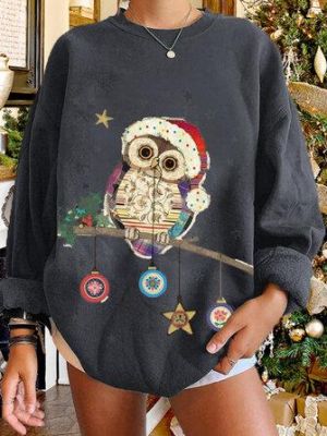 Women Christmas Birds Cartoon Print Drop Shoulder Long Sleeve Casual Pullover Sweatshirt