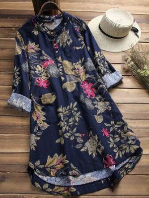 M-5XL Women Retro Buttons Long Sleeve Cotton Vintage Floral Blouse