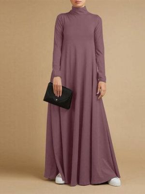 Solid Color Turtleneck Side Pockets Long Sleeve Vintage Maxi Dress For Women
