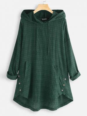 Plus Size Women Plaid Print Asymmetrical Casual Hooded Blouse
