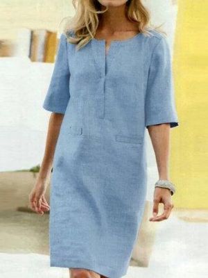 Casual Solid Color Decorative Pockets Half Sleeve Loose Midi Dress