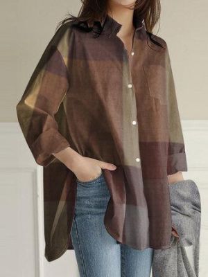 Women Loose Casual Lapel Collar Long Sleeve Plaid Button Irregular Hem Shirts