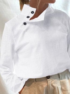Solid Color Lapel Button Long Sleeve Casual Blouse For Women