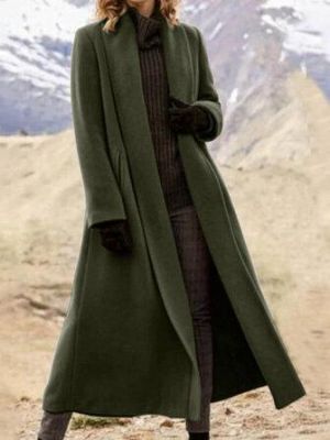 Women Warm Solid Color Lapel Longline Coats With Pocket