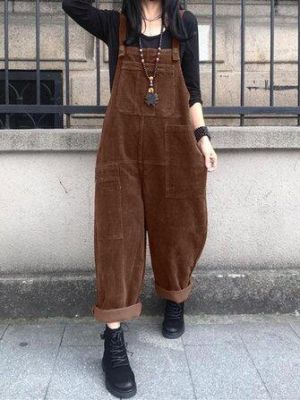 Corduroy Retro Europe Solid Casual Pockets Jumpsuit for Women