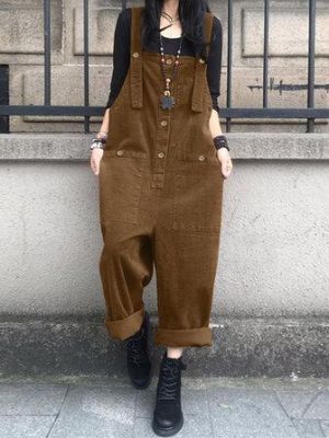 all in one place בגדי נשים Women Corduroy Casual Loose Adjustable Shoulder Strap Length Front Pockets Jumpsuits