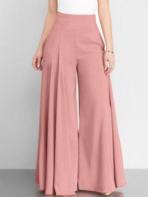 Women Solid Color High Waist Zipper Wide Leg Pants With Pocket