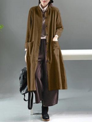 Women Corduroy Vintage Artsy Long Sleeve Mid-Calf Length Pocket Outwear