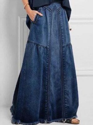 Women Distressed Solid Color Elastic Waist Loose Denim Skirt With Pocket