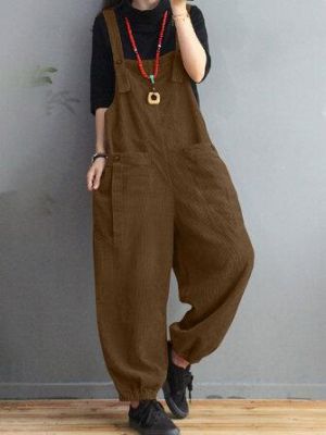 Women Corduroy Solid Fitting Vintage Adjusting Buckle Pleated Jumpsuits