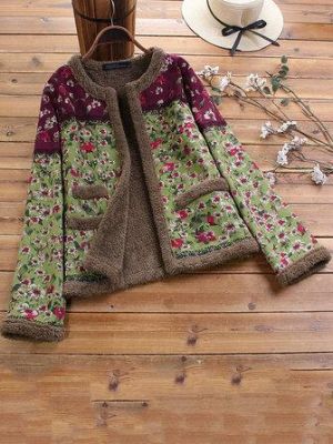 Vintage Floral Print O-neck Long Sleeves Thick Coats Jacket