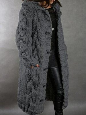 Women Solid Color Jacquard Knitted Mid-Length Hooded Cardigan With Pocket