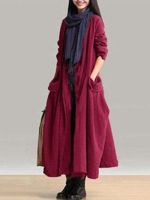 Casual Women Long Sleeve Solid Color Pockets Lace-up Long Outerwear Coats