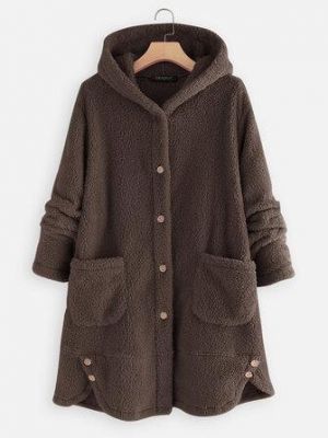 Casual Button Fleece Side Button Pockets Hooded Coats For Women