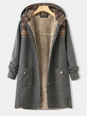 Polka Dot Long Sleeve Hooded Patchwork Fleece Side Pocket Coats For Women