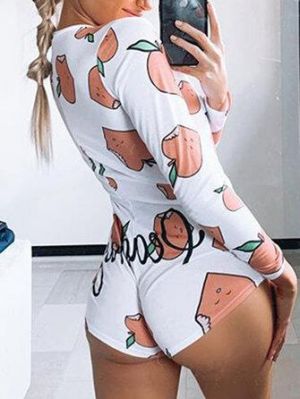 all in one place בגדי נשים Fruit Vegetable Print Front Button V Neck Long Sleeves Casual Playsuits