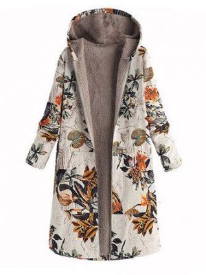 Women Leaves Print Long Sleeve Hooded Fleece Maxi Coats Jacket