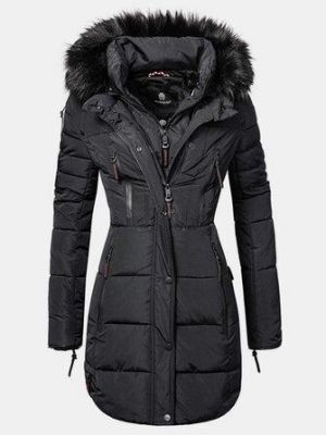Women Solid Color Multi Pocket Zipper Front Faux Fur Collar Hooded Coat