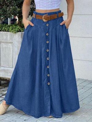 Women Solid Color Bottom Front Loose Casual Long Skirt With Pocket