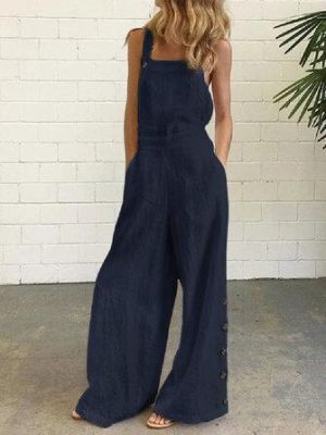 Women Cotton Solid Color Sleeveless Vintage Casual Wide-Leg Jumpsuit with Side Pockets