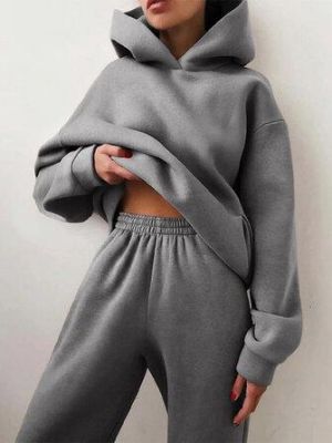 Women Elegant Solid Suits Warm Hooded Sweatshirt with Long Pant Casual Two Piece Sets