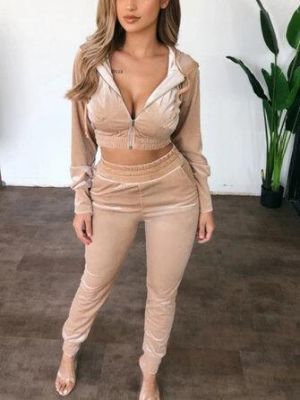 Women Velvet Zip Up Crop Hooded Sweatshirt Casual Long Two-Piece Set With Pocket