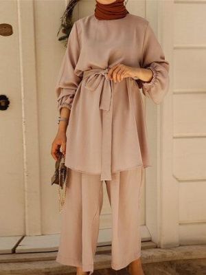 Women Solid Color Wide Leg Pants Daily Casual Loose Two-Piece Set With Belt