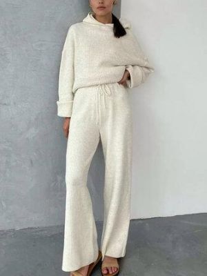 Women Solid Rib-Knit Hoodie Drawstring Wide Leg Pants Casual Long Two-Piece Set