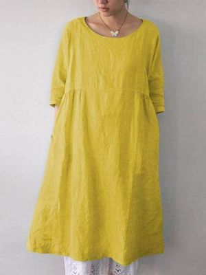 Women Retro Half Sleeve Solid Color Cotton Dress with Pockets