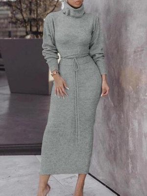 Women Knitting High Neck Pullover Top Slim Skirt Two Piece Sweater Set