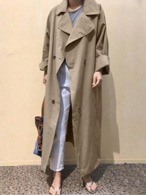 Plus Size Women Lapel Double Breasted Tie Back Casual Long Trench Coats