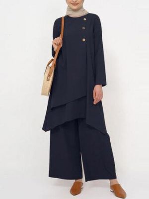 Women Solid Color Layered Blouse Elastic Waist Wide Leg Pants Kaftan Two Piece Set