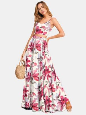 Summer Floral Print Beach Holiday Tank Tops Long A-line Skirts