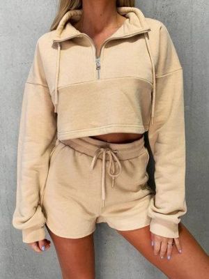 Women Half Zip Drop Shoulder Crop Top Drawstring Shorts Casaul Two-Piece Set