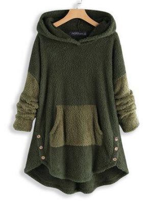 Women Contrast Color Splice Irregular Hem Hooded Fleece Sweatshirt Coats