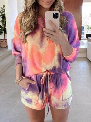 Tie Dye Women Long Sleeve Drawstring Pocket Shorts Casual Home Two-piece Set