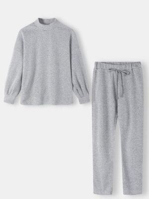 Women Solid Color Long Sleeve Pullover Elastic Waist Pants Casual Two Piece Set