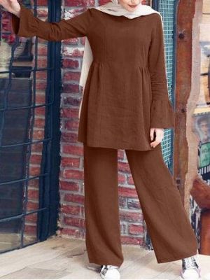 Women Solid Color Ruffle Hem Long Sleeve Top Loose Pants Casual Two-Piece Sets